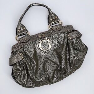 Guess Hobo Bag Womens Large Pewter‎ Metallic Logo Embossed Y2K Croc Trim Slouchy